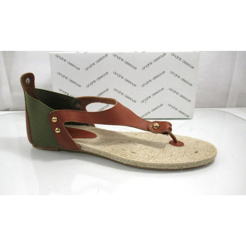 Andre Assous Tresor T- Strap Flat Thong Sandals Leather Green / Cognac Size 10